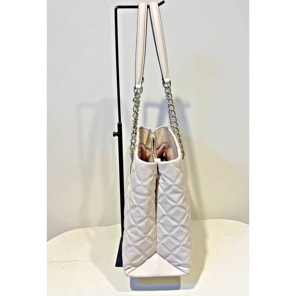 Kate Spade Carey Quilted Leather Large Tote Bag Chain Shoulder In Parchment